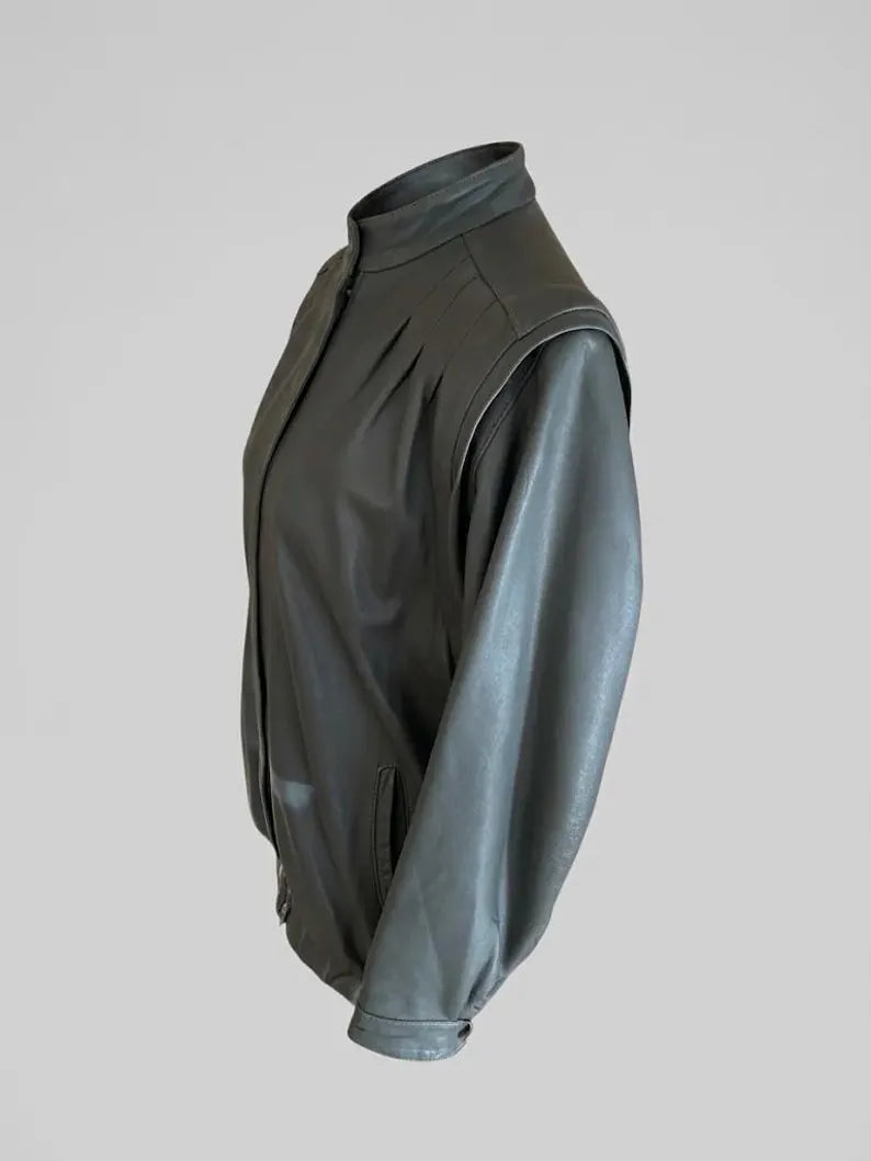 Vintage Grey Leather Jacket 2000s Convertible Vest | Y2K Detachable Sleeve Biker Jacket | Genuine Leather Jacket Size S M