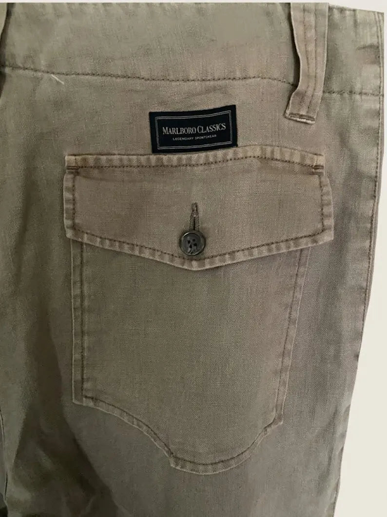Marlboro Classics Vintage Men M Beige Safari Straight Pants Cotton | 90s 2000s Archival Preloved Utility Chino Trousers