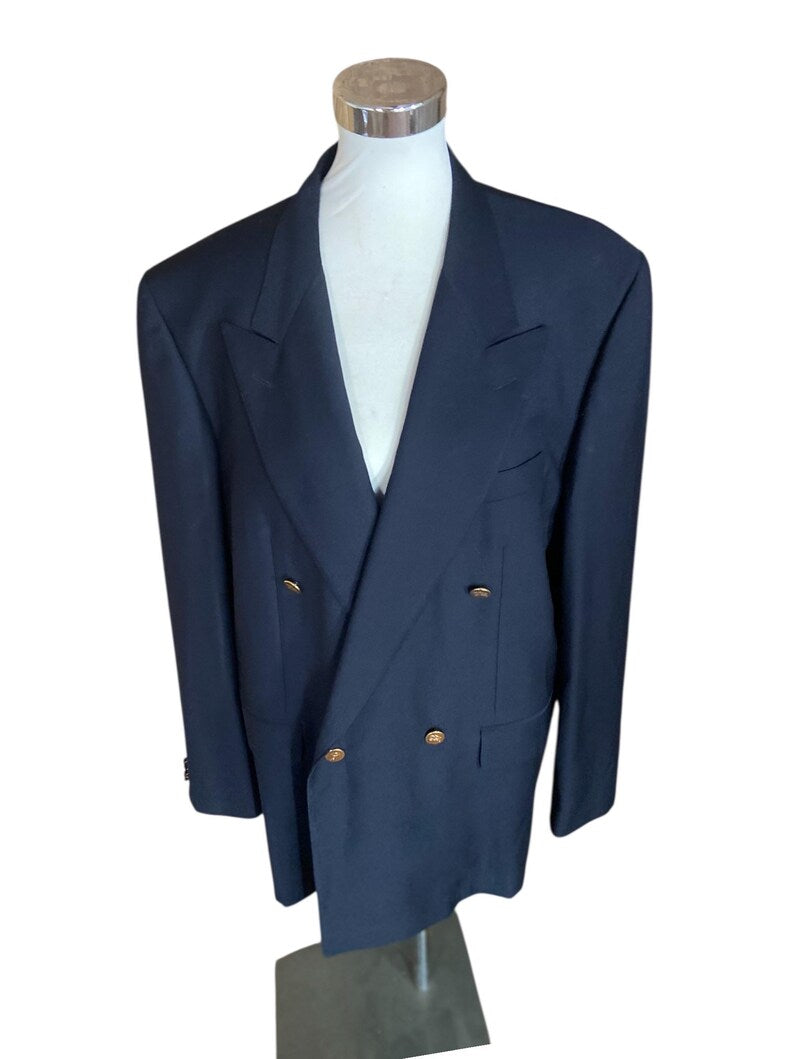 Vintage Burberry Double Breasted Wool Blazer | Y2K Structured Shoulder Navy Oversized Jacket | Unisex Designer Archive Size L / 56