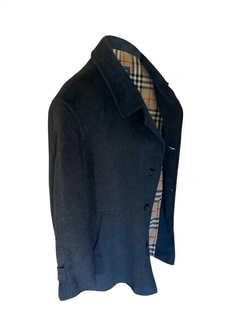 Vintage Burberry Wool Coat Men L | Classic House Check Lined Dark Grey Car Coat | Minimalist Overcoat