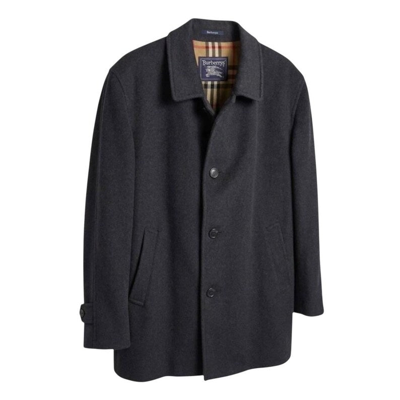 Vintage Burberry Wool Coat Men L | Classic House Check Lined Dark Grey Car Coat | Minimalist Overcoat