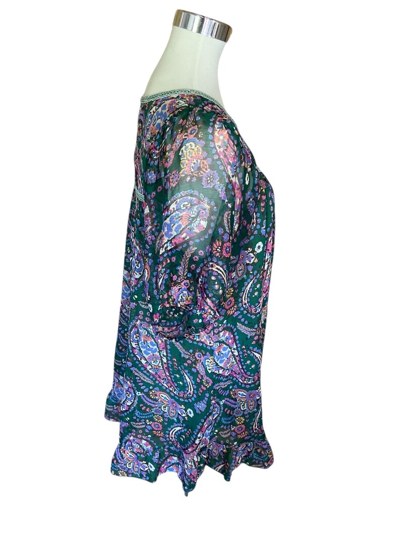 Vintage Hermès Paris Silk Chiffon Dress - Authentic Luxury Paisley Tunica, Green & Purple Bohemian Kaftan, Sheer Silk Beach Coverup, Size M
