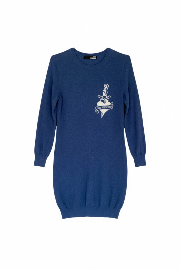 Blue Wool Moschino Dress | Long Sweater Dress | Minimalist Italian Design | Size S