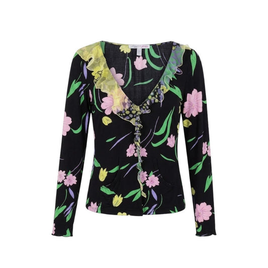 Ungaro Fuchsia Vintage Floral Ruffle Blouse, Y2K Mesh Trim Long Sleeve Top, Emanuel Ungaro Archive Made in Italy Designer Shirt Size S M