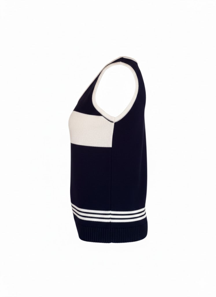 Top Burberry Vintage 2000s sleeveless navy and white – ‘B’ logo with rhinestones – Size M – Authentic Y2K designer clothing