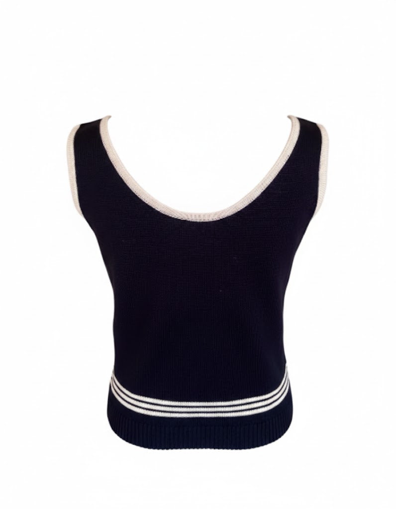 Top Burberry Vintage 2000s sleeveless navy and white – ‘B’ logo with rhinestones – Size M – Authentic Y2K designer clothing