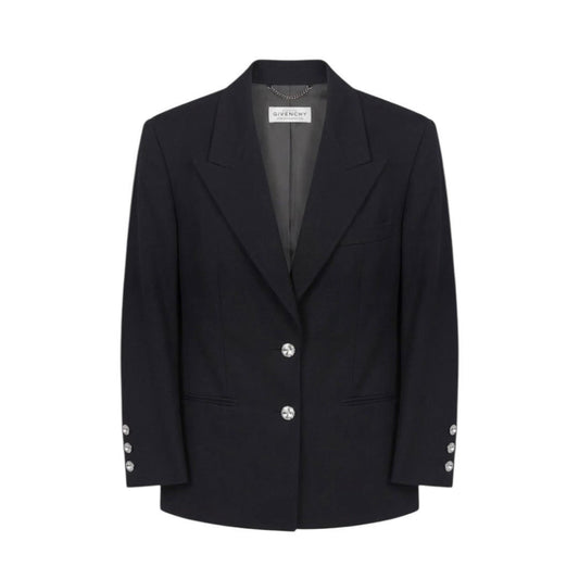 Vintage Givenchy Maxi Blazer - Minimalist Structured Jacket with Jewel Buttons - Unisex Oversized Fit - Black Virgin Wool - International Size L