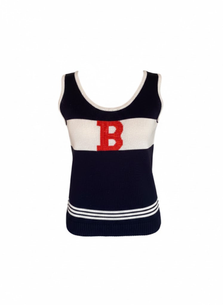 Top Burberry Vintage 2000s sleeveless navy and white – ‘B’ logo with rhinestones – Size M – Authentic Y2K designer clothing