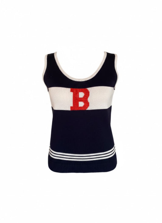 Top Burberry Vintage 2000s sleeveless navy and white – ‘B’ logo with rhinestones – Size M – Authentic Y2K designer clothing