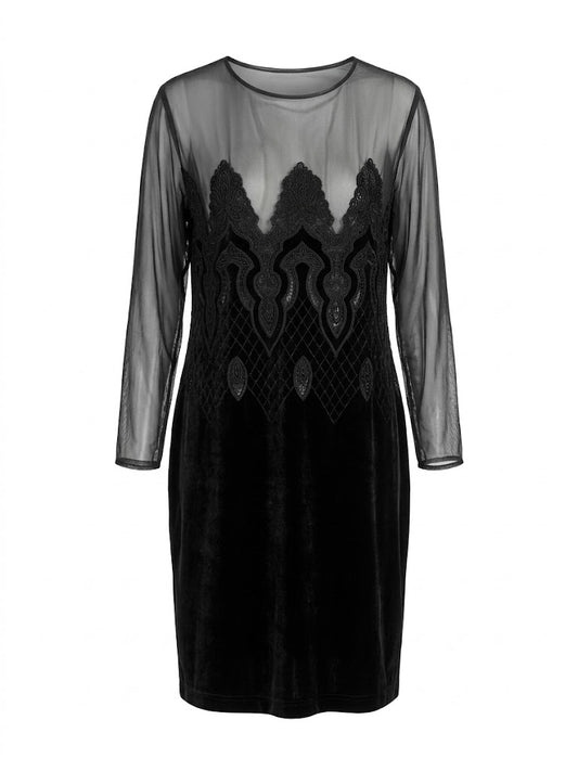 Vintage Balenciaga Minimalist Black Suede Dress - Sheer Mesh & Embroidery Details - Luxury Midi Dress - International Size M