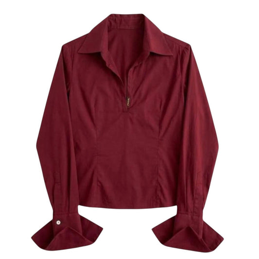 Vintage Burgundy Gianfranco Ferre Cotton Blouse - Y2K Archive Deep Red Shirt, Open Plunge V-Neck, Logo Anagram Details, Size S - Mint 10/10